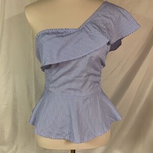 Women’s Sleeveless one shoulder summer top, blue and white pinstripes